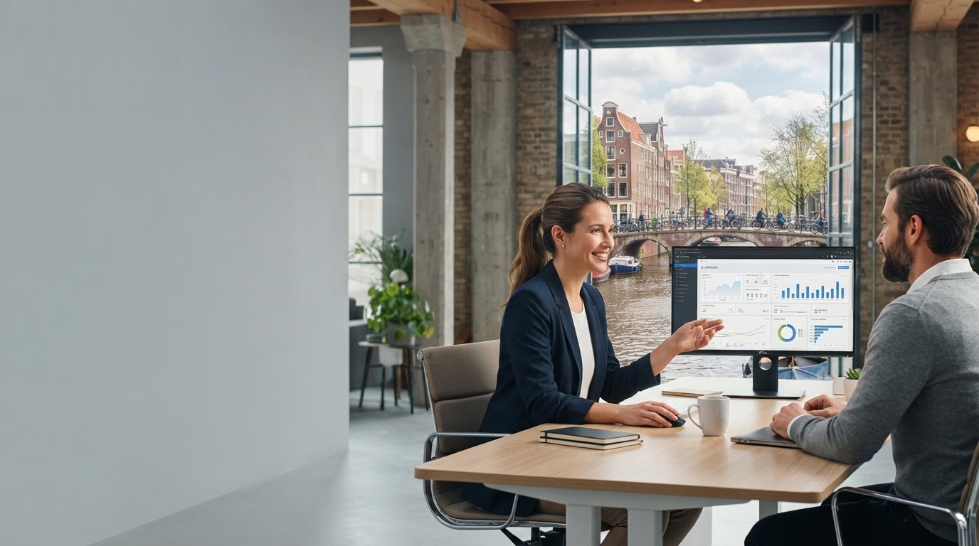 Rots Kapitent dashboard met realtime data-analyse op een laptop tegen een rustige kustachtergrond